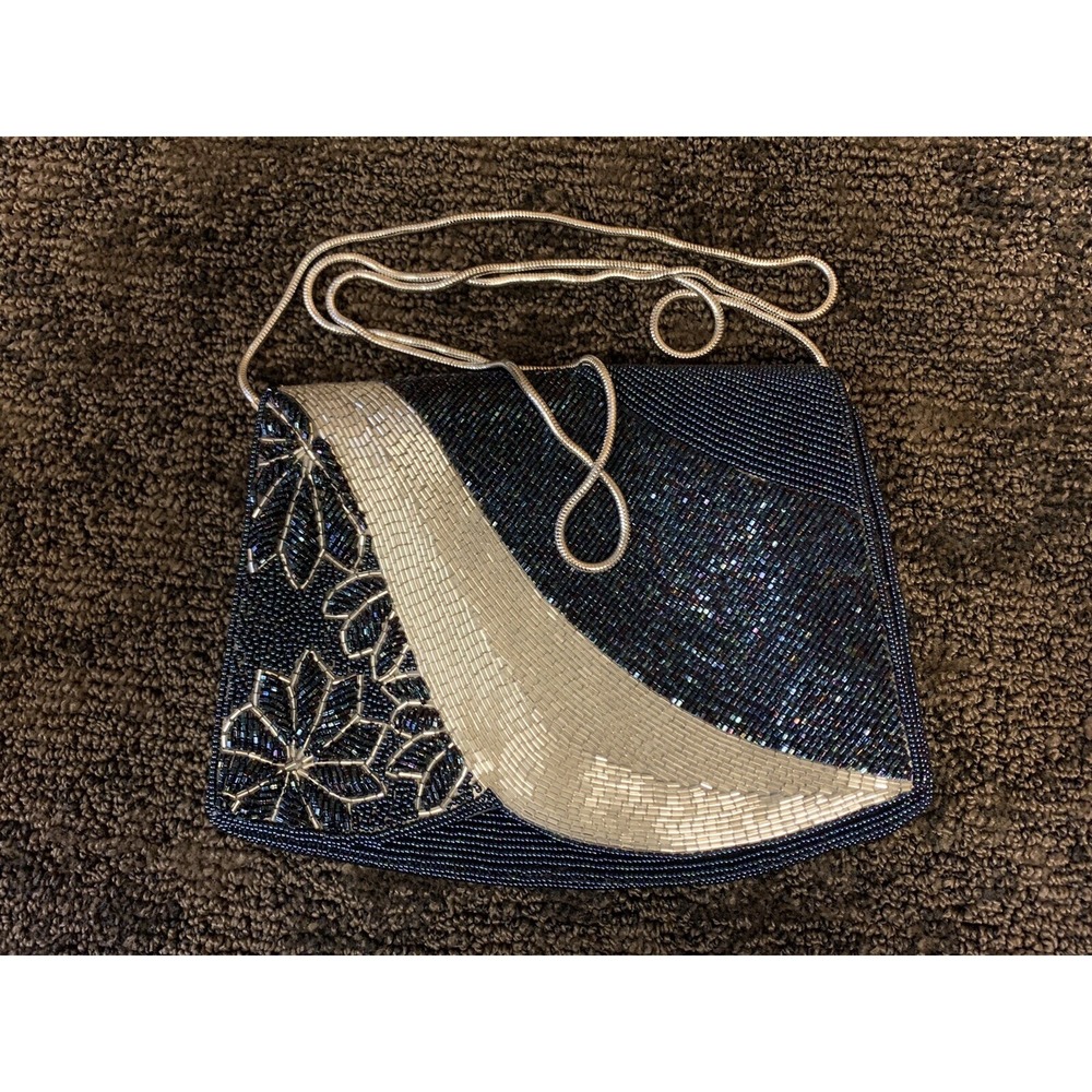 1950s Delill Silver Glass Beaded Frame Bag Vintage Designer Evening Purse Clutch
